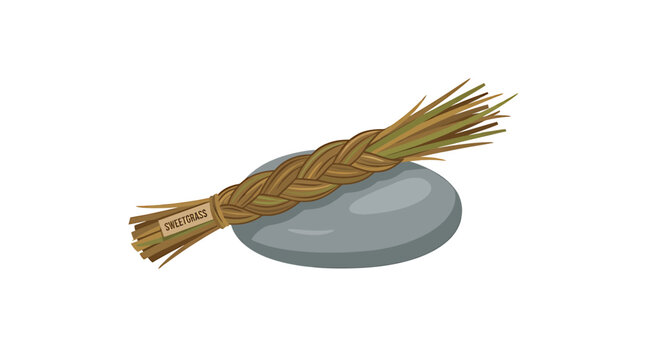 Brown Braided Sweetgrass Smudge Stick on Gray River Stone