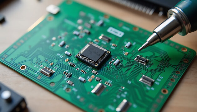 Conceptual top-down view of a PCB blueprint next to an unassembled Wi-Fi module and soldering iron