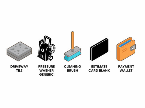 Cleaning tools icons with driveway tile, pressure washer, brush, estimate card, payment wallet