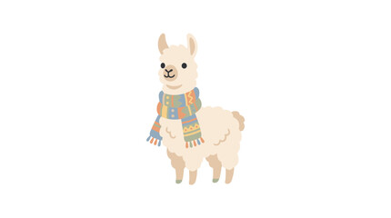 Obraz premium Cute cartoon llama wearing a colorful patterned scarf on a white background.