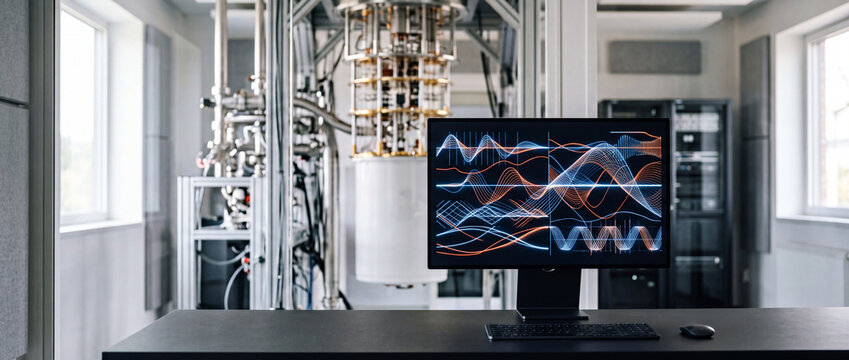 Quantum computing lab workstation with data visualization monitor and cryogenic hardware in modern research facility
