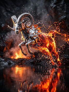 volumetric 3d render of a jumping goat combining liquid shiny silver metal and burning fire with splashing drops above dark water surface