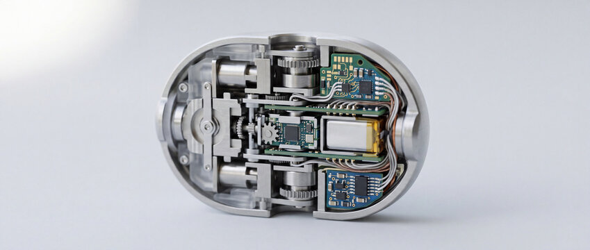 Cutaway view of a miniature robotic capsule showing gears, circuit boards and wiring inside
