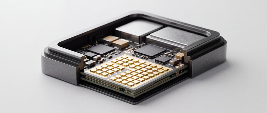 Close-up AI chip module and semiconductor processor board inside modern electronic hardware enclosure