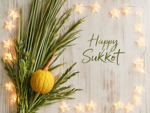 Happy sukkot greeting card with lulav and etrog branches