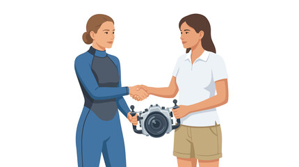 Obraz premium Marine Biologists Handshake with Underwater Camera