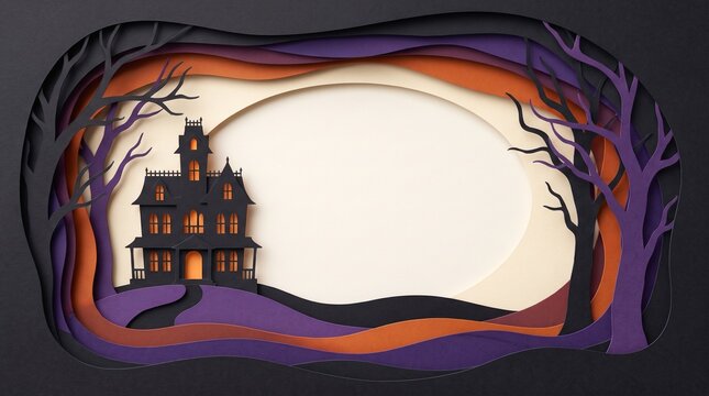 Layered paper craft style halloween background featuring a spooky haunted house silhouette and empty copy space area