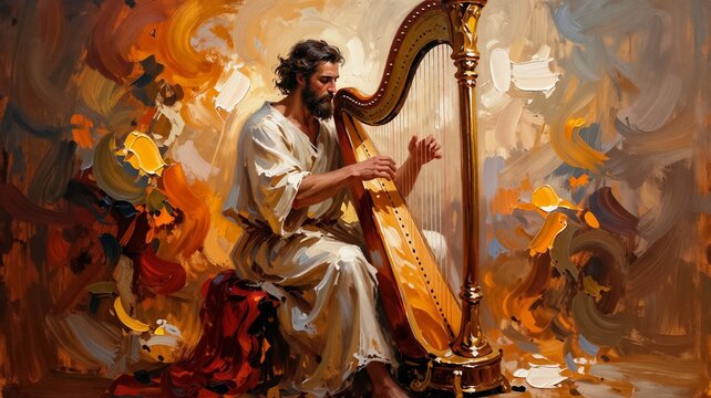 King David playing the harp in biblical painting style