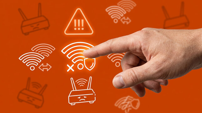 Mans hand pointing at glowing disconnected Wi-Fi icon with security shield and sad router icons on orange background depicting internet connection issues