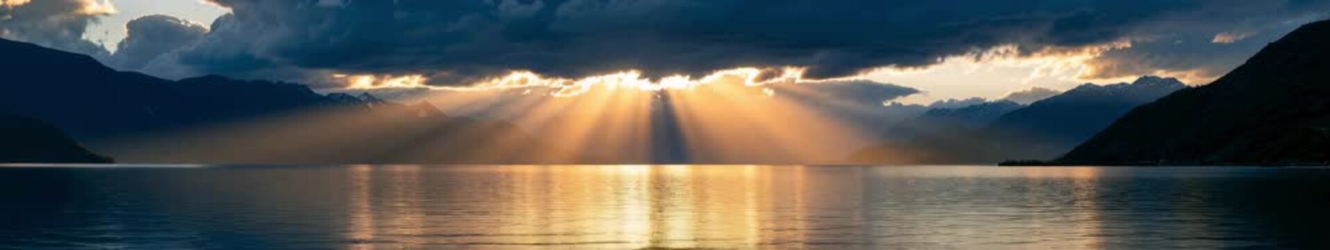Panoramic Timelapse Seamless Loop Animation of Golden Sunbeams Breaking Through Storm Clouds Over a Mountain Lake