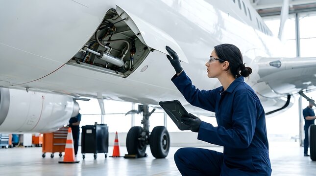 Female aircraft engineer in blue uniform inspects open hydraulic landing gear service hatch using digital tablet inside spacious airplane maintenance hangar.