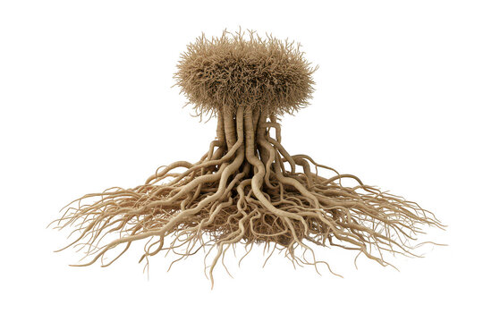 A detailed 3d rendering of a plant root system with intricate branching fibers and a dense central mass, isolated on a solid black background