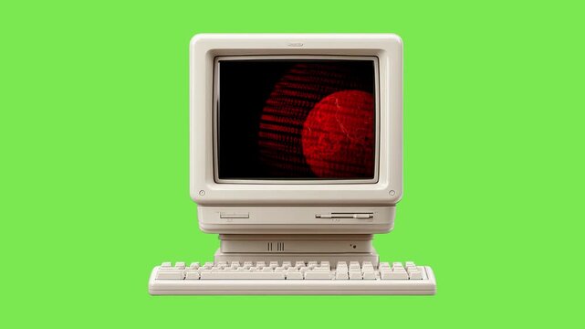 Vintage Retro Personal Computer Desktop System Displaying Abstract Red Circular Patterns on Green Background for Digital Media Design Concepts