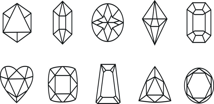 Gemstone Diamond and Crystal Outline Vector Shapes Set