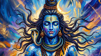 Fototapeta premium Artistic Portrait of Lord Shiva in Meditation with Cosmic Blue and Gold Aura