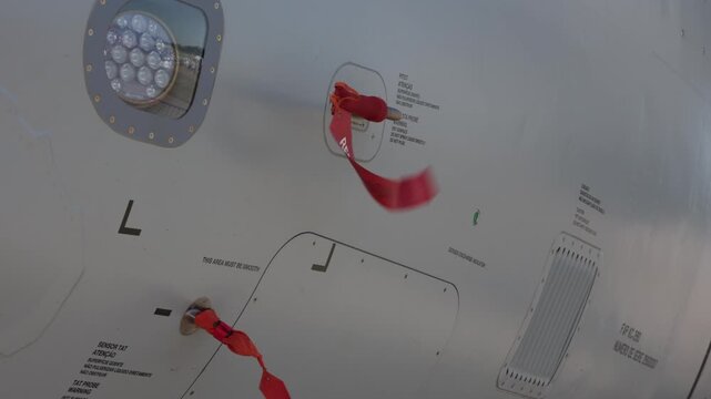 Remove Before Flight &mdash; red safety warning ribbon and tag waving in the wind, attached to a grey airplane, plane and aeroplane. Aviation and aeronautics safety preflight procedure, check and control.