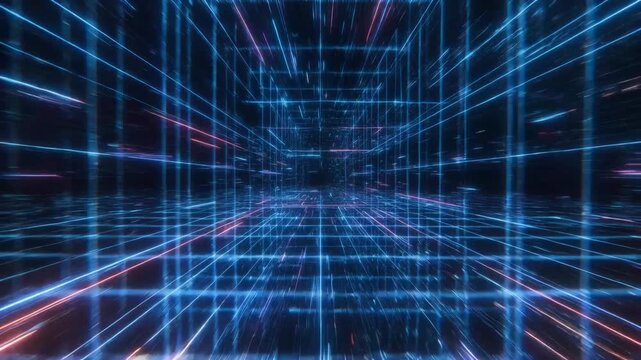 Abstract neon grid tunnel in futuristic style on dark background, concept of digital cyberspace immersive realm