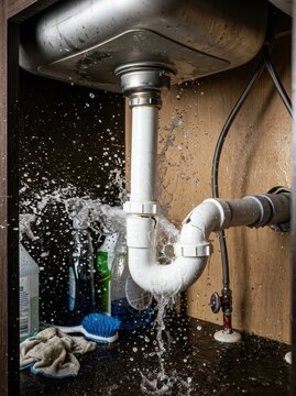 Burst PVC pipe under kitchen sink with water spraying everywhere. Concept of home plumbing emergency and water damage.