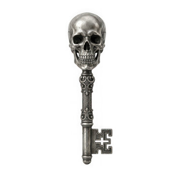 Antique silver skeleton key with a detailed human skull head, isolated on transparent background
