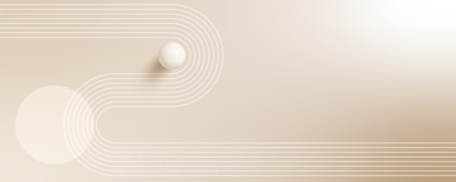 Widescreen nude gradient background with warm beige, cream and pearl tones. Abstract 3D sphere, boho accents and arch elements create elegant horizontal vector designs for banners and social media.