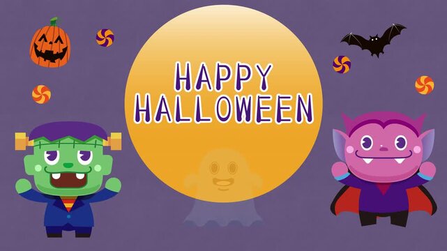 HAPPY HALLOWEEN 文字とモンスターのポップな動画素材