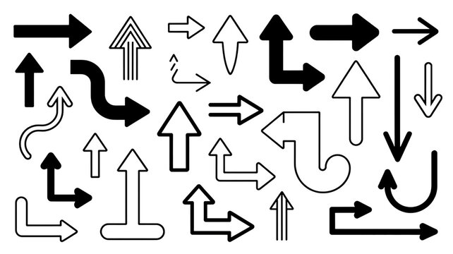 Collection of various arrow symbols pointing directions for navigation and directionality