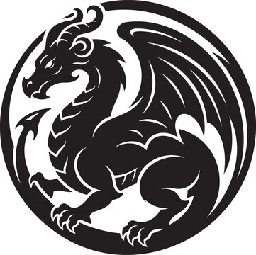 Black dragon in circular frame vector illustration mythical creature silhouette emblem isolated on white background for fantasy mascot logo badge t-shirt print tattoo design element