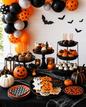 Halloween dessert buffet with cupcakes, cookies, candy, pumpkins and orange black balloon garland