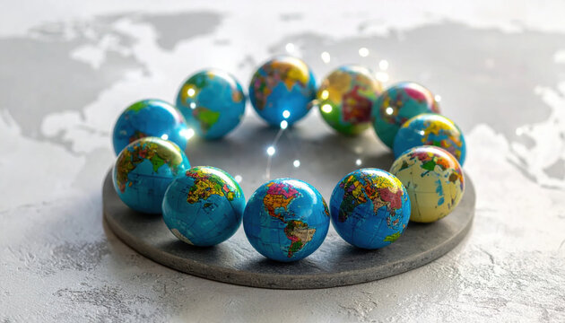 Circular arrangement of miniature glowing globes with soft lights on a textured surface