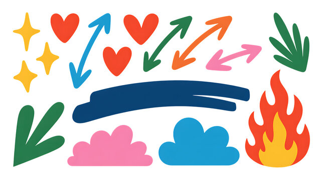 Collection of vibrant doodle elements including hearts arrows stars clouds fire and leaves for design