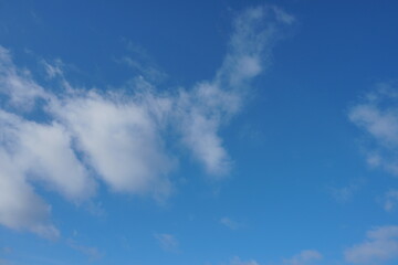 Fototapeta premium White fluffy clouds in the sky. Blue sky and cloud cover on a sunny summer day. Empty background, copy space