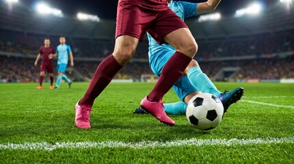 Fototapeta premium Energetic soccer match action with players chasing ball on festive stadium grass field