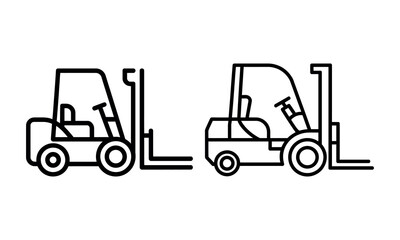 Naklejka premium Two forklift icons lifting pallets in simple line art style