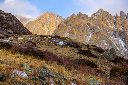 Dramatic Mountain Landscape with Golden Peaks in Kyrgyzstan