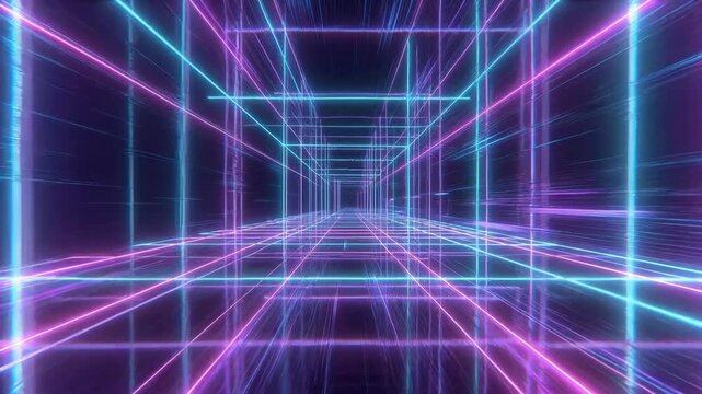 Neon tunnel with glowing grid lines in digital style on dark background, concept of futuristic cyberspace