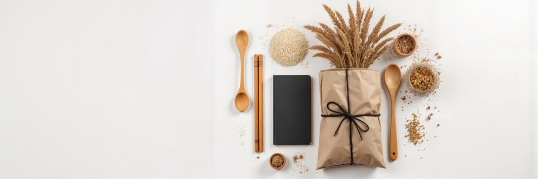 Wide banner flat lay with wooden spoons kraft wrapped gift dried wheat