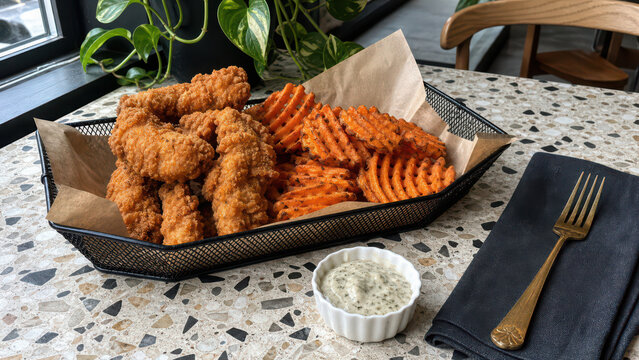 Crispy fried chicken tenders and waffle fries in a wire basket with a small bowl generated using ai