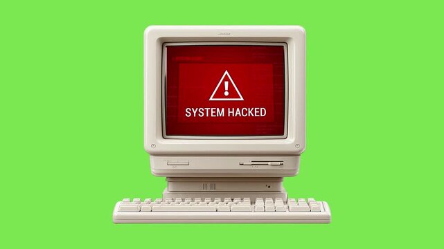 Retro computer monitor displaying a critical 'SYSTEM HACKED' message, symbolizing a severe cybersecurity breach and digital vulnerability with vintage technology implications