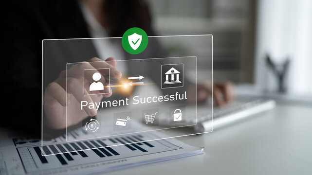 Successful transaction message showing secure payment. Payment confirmed, secured, payment processed, and payment completed with trust and transaction integrity. Latch