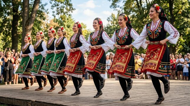 Group of Women in Traditional Bulgarian Folk Costumes Performing a Vibrant Cultural Dance at an Outdoor Festival