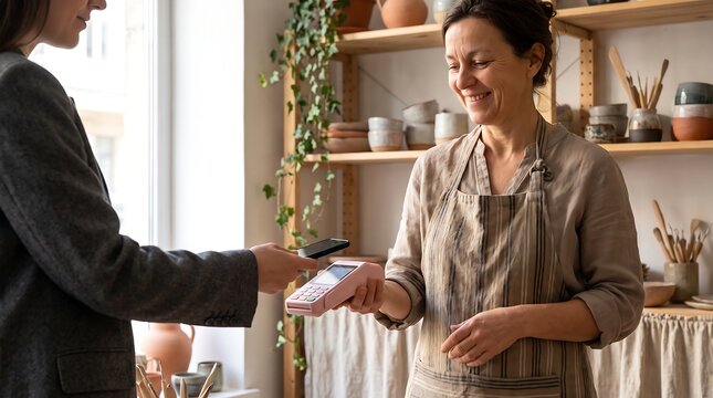 Customer Making Contactless QR Code Payment at Artisan Pottery Shop POS Terminal