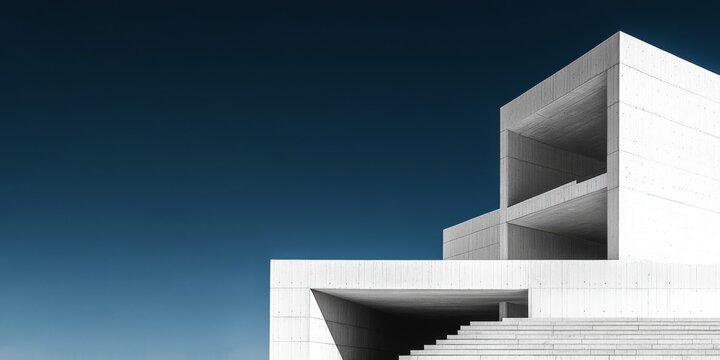 The image presents a pure white, geometric modernist building with staggered volumes and open-air steps. The background is a clear, deep blue sky that gradually changes from light to dark. 