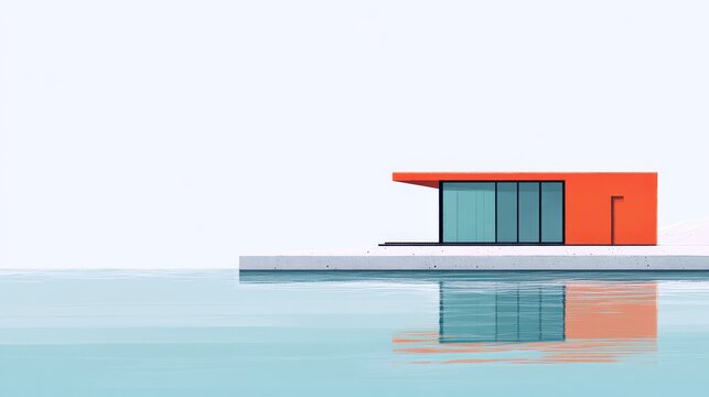 This is a flat, minimalist illustration. A bright orange-red single-story modern house sits on a light gray platform extending into the water. The outline of the building is clearly reflected 