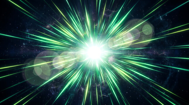 Vibrant green light explosion with fast motion streaks and glowing lens flares in deep dark space