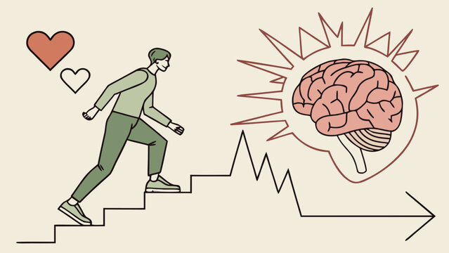 Man climbing steps toward healthy brain, representing stroke recovery, neurological rehabilitation, progress, motivation and brain health