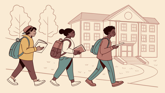 Students walking to school with backpacks in front of educational building, diverse young people attending classes in hand drawn vector illustration