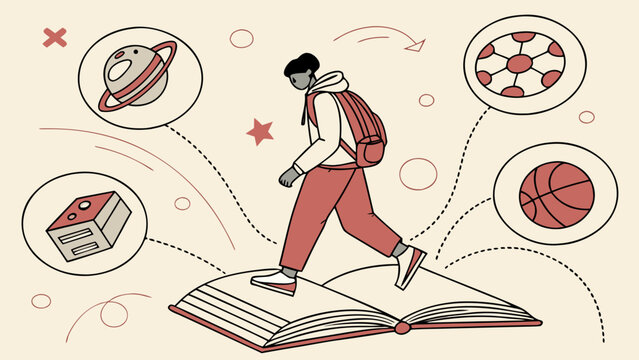 Student walking on open book surrounded by sports equipment, representing balance between education, physical activity, learning and healthy lifestyle