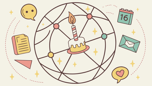 Global communication concept with connected globe, birthday cake, calendar, message icons and social symbols in hand drawn vector style