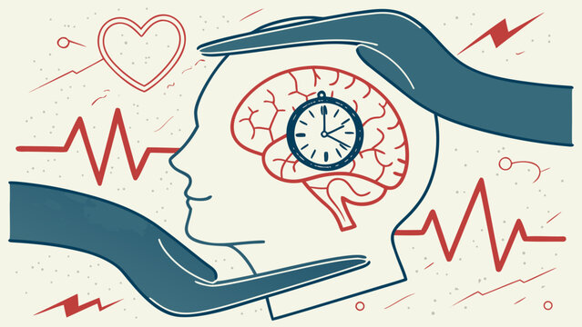 World stroke day concept with human head, brain and clock, heartbeat lines and caring hands representing stroke awareness, prevention and emergency response