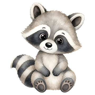 Cute raccoon watercolor clipart in a charming nursery style, isolated on a transparent background. Ideal for children's crafts, nursery decor, invitations, stickers, and digital designs.